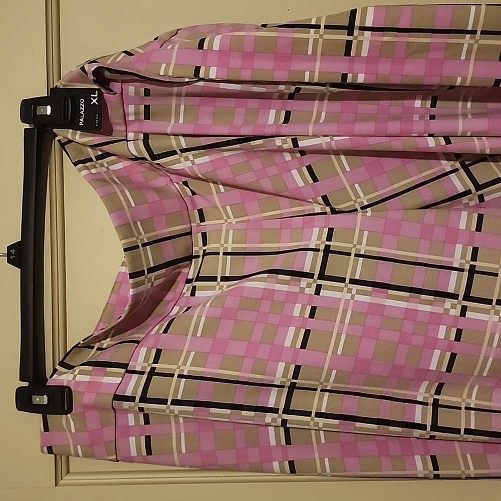 NY&C 7th Ave XL Pink Plaid Palazzo Zip Up Tie Waist Wide Leg Dress Pants